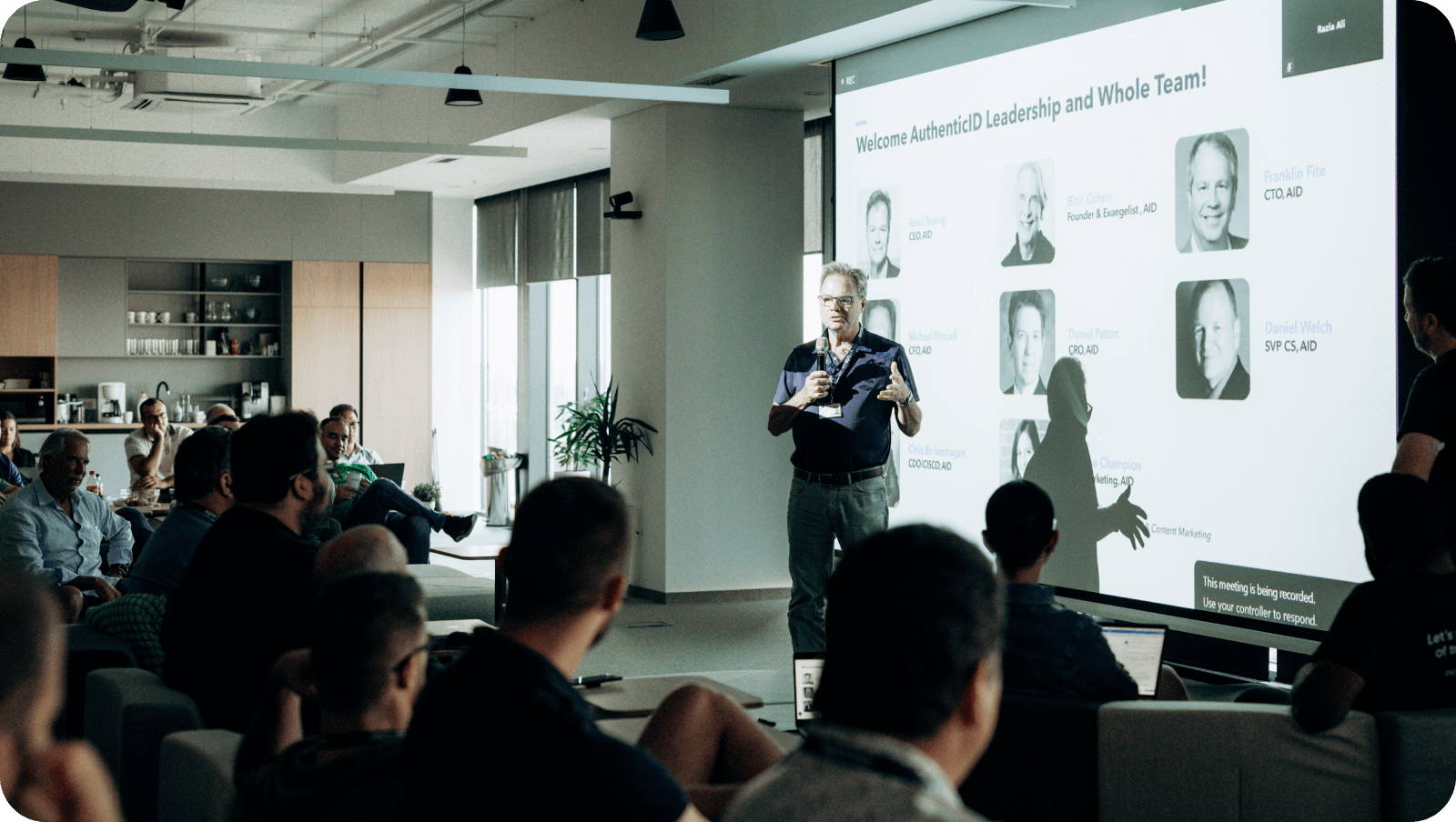 AuthenticID CEO Reed Taussig addressed the team at the Incode office.