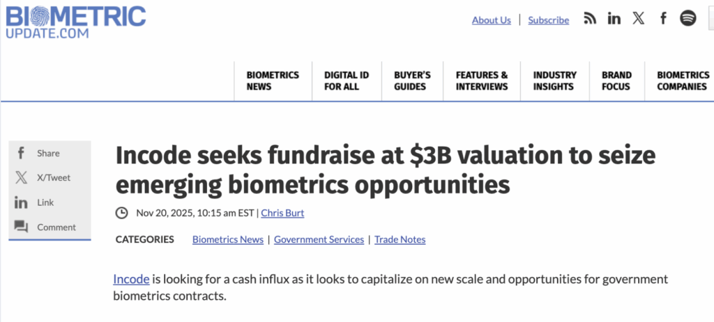 Biometric Update article on Incode.
