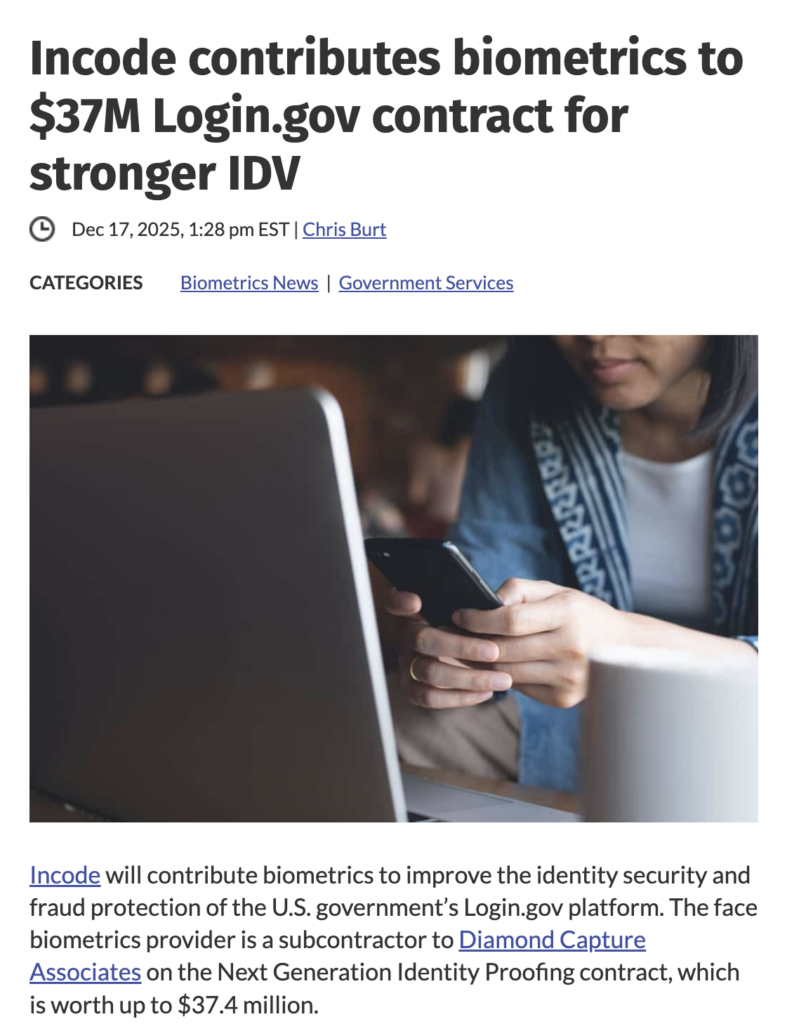 Biometric Update news article on Incode and Login.gov contract